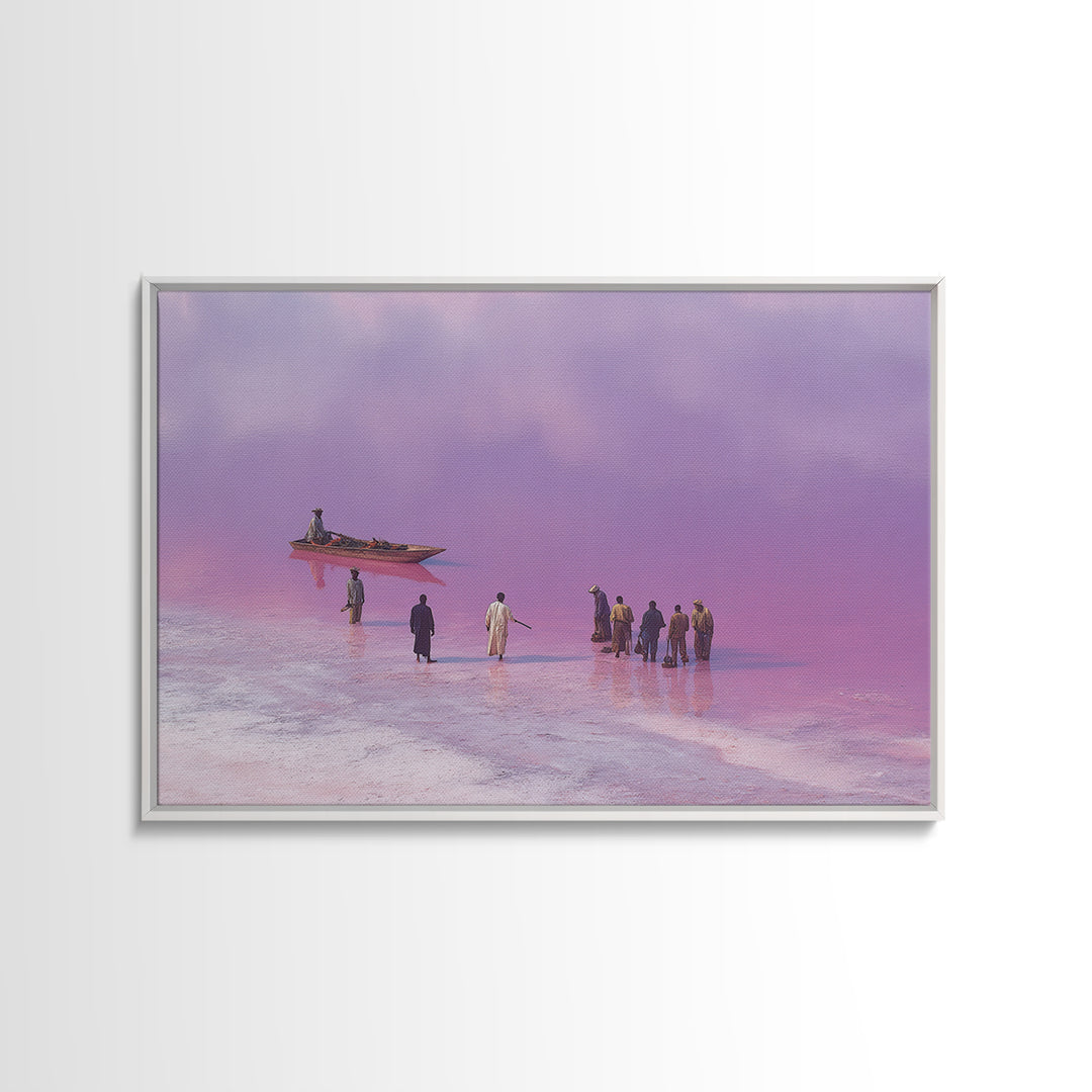 Purple Pink Salt Lake Boat Scene Wall Art, African Landscape, Coastal Travel Poster, Cultural Home Decor, Large Canvas Print