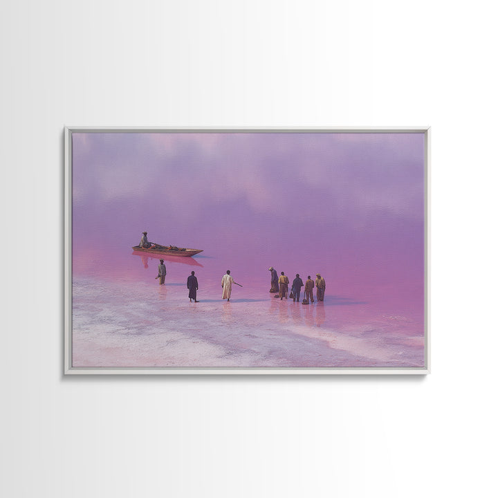 Purple Pink Salt Lake Boat Scene Wall Art, African Landscape, Coastal Travel Poster, Cultural Home Decor, Large Canvas Print