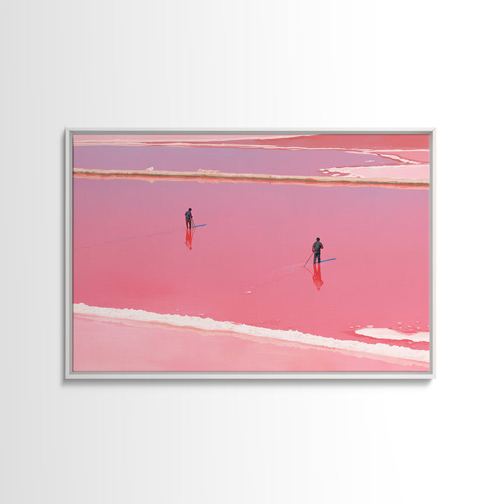 Two Figures Walking Pink Salt Flats Wall Art, Minimalist African Landscape, Dreamy Pink Decor, Modern Coastal Canvas Print