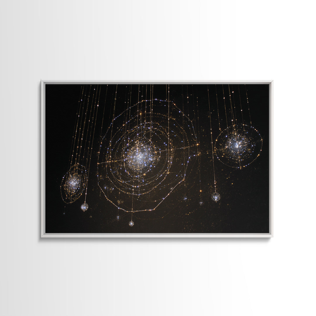 Golden Hanging Galaxy Lights Wall Art, Abstract Black Background, Spiritual Modern Art, Luxury Home Decor, Dreamy Canvas Print