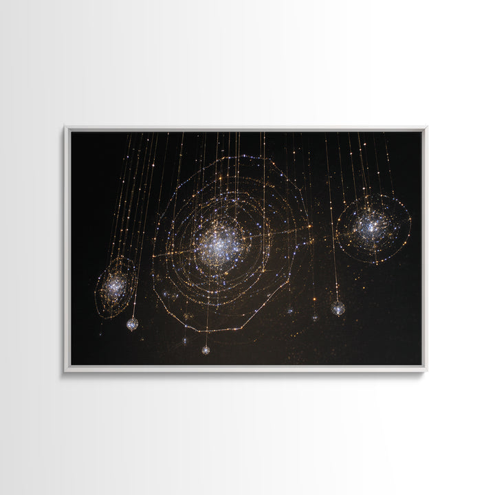 Golden Hanging Galaxy Lights Wall Art, Abstract Black Background, Spiritual Modern Art, Luxury Home Decor, Dreamy Canvas Print