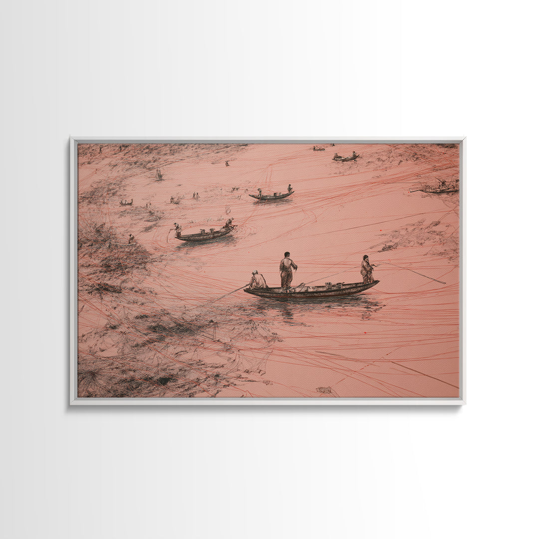 Aerial Pink Salt Lake Boats And Tracks Wall Art, African Landscape, Minimalist Coastal Poster, Earth Tone Canvas Print Decor