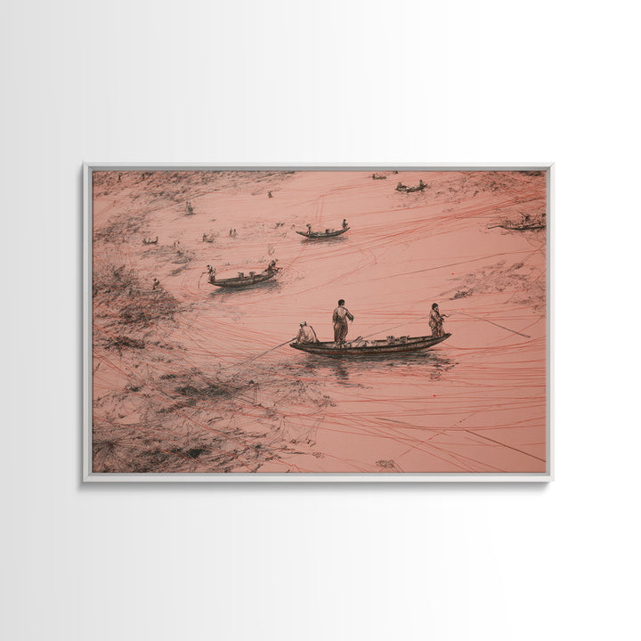 Aerial Pink Salt Lake Boats And Tracks Wall Art, African Landscape, Minimalist Coastal Poster, Earth Tone Canvas Print Decor