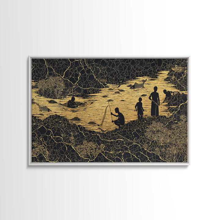 Golden River Village Silhouettes Wall Art, African Wall Art, Black Culture Art, Tribal Landscape, Cultural Home Decor Gift
