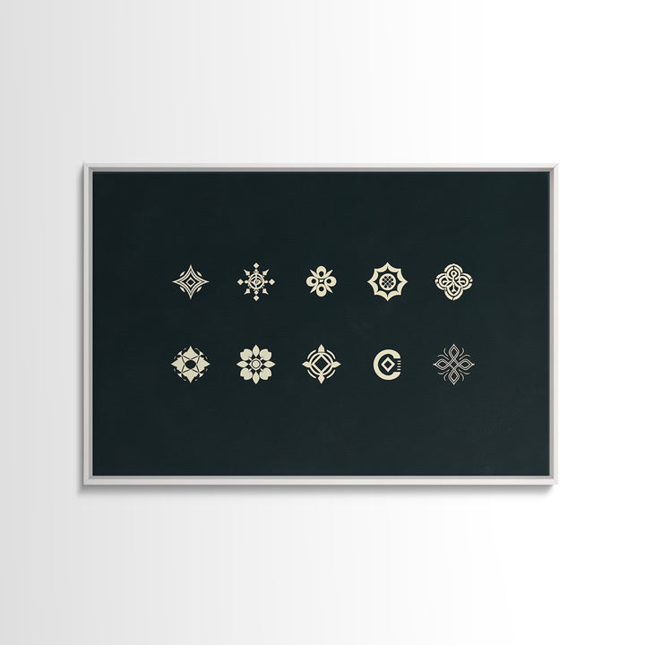 Cream Tribal Symbols On Black Canvas Print, African Patterns, Geometric Wall Art, Minimalist Decor, Ethnic Home Decor Gift