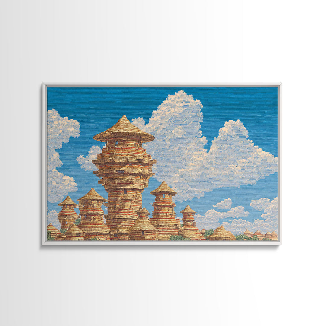 Sunlit African Village Towers Canvas Print Traditional African Architecture Wall Art Earth Tone Safari Decor Cultural Art Print