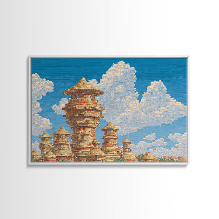 Sunlit African Village Towers Canvas Print Traditional African Architecture Wall Art Earth Tone Safari Decor Cultural Art Print