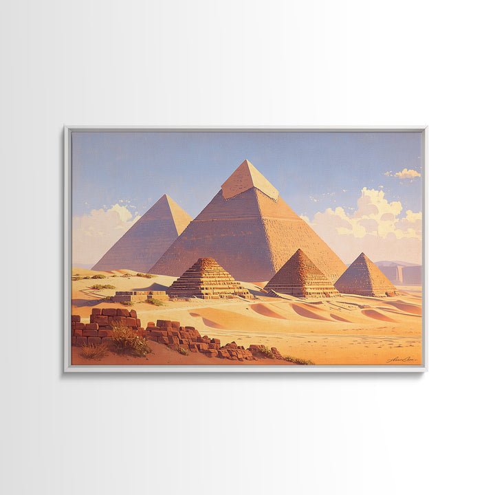 Warm Sunset Egyptian Pyramids Framed Canvas Print African Egyptian Art Ancient Desert Landscape Wall Decor Travel Poster Gift