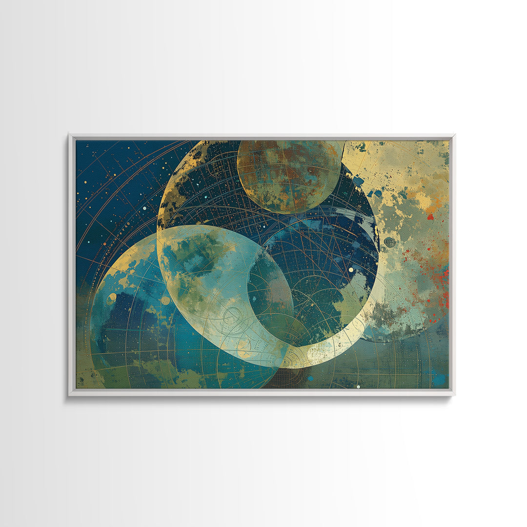 Layered Moons And Planetary Orbits Canvas Print, Abstract Wall Art, Modern Canvas Art, Celestial Digital Art, Office Decor