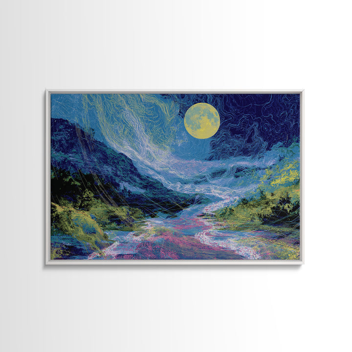 Blue Moonlit River Through Mountains Wall Art, Dreamy Wall Art, Nature Scene Art, Blue Home Decor, Large Decor Art, Living Room Art