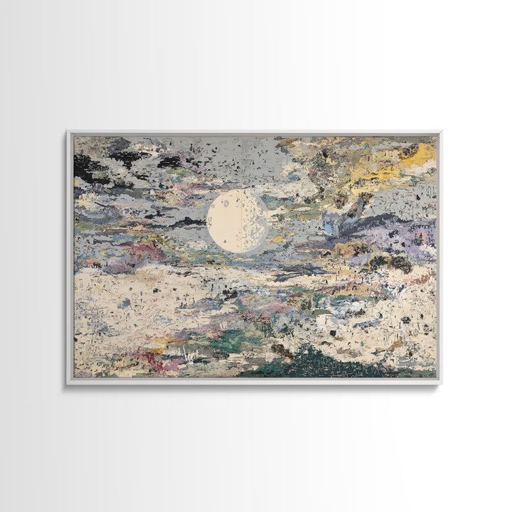 Textured Full Moon Over Abstract Clouds Framed Canvas Print, Abstract Wall Art, Modern Art, Beige Wall Art, Elegant Home Decor