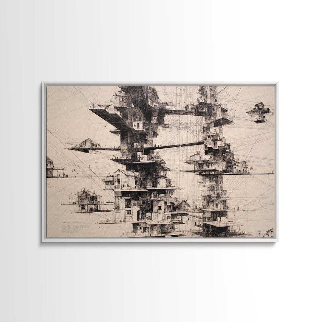 Futuristic Floating Tower City Wall Art, Architectural Illustration Art, Modern Wall Decor, Black And White Art, Office Art