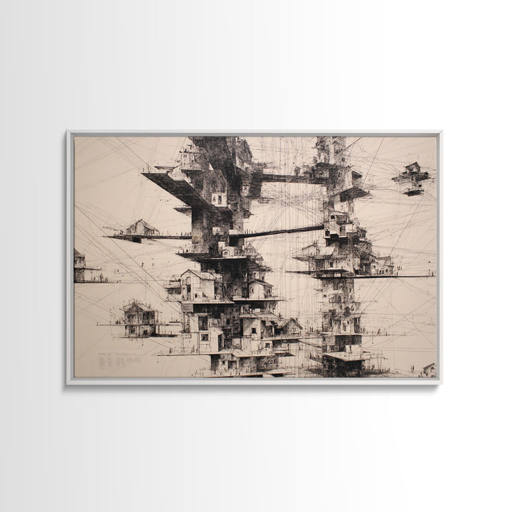 Futuristic Floating Tower City Wall Art, Architectural Illustration Art, Modern Wall Decor, Black And White Art, Office Art