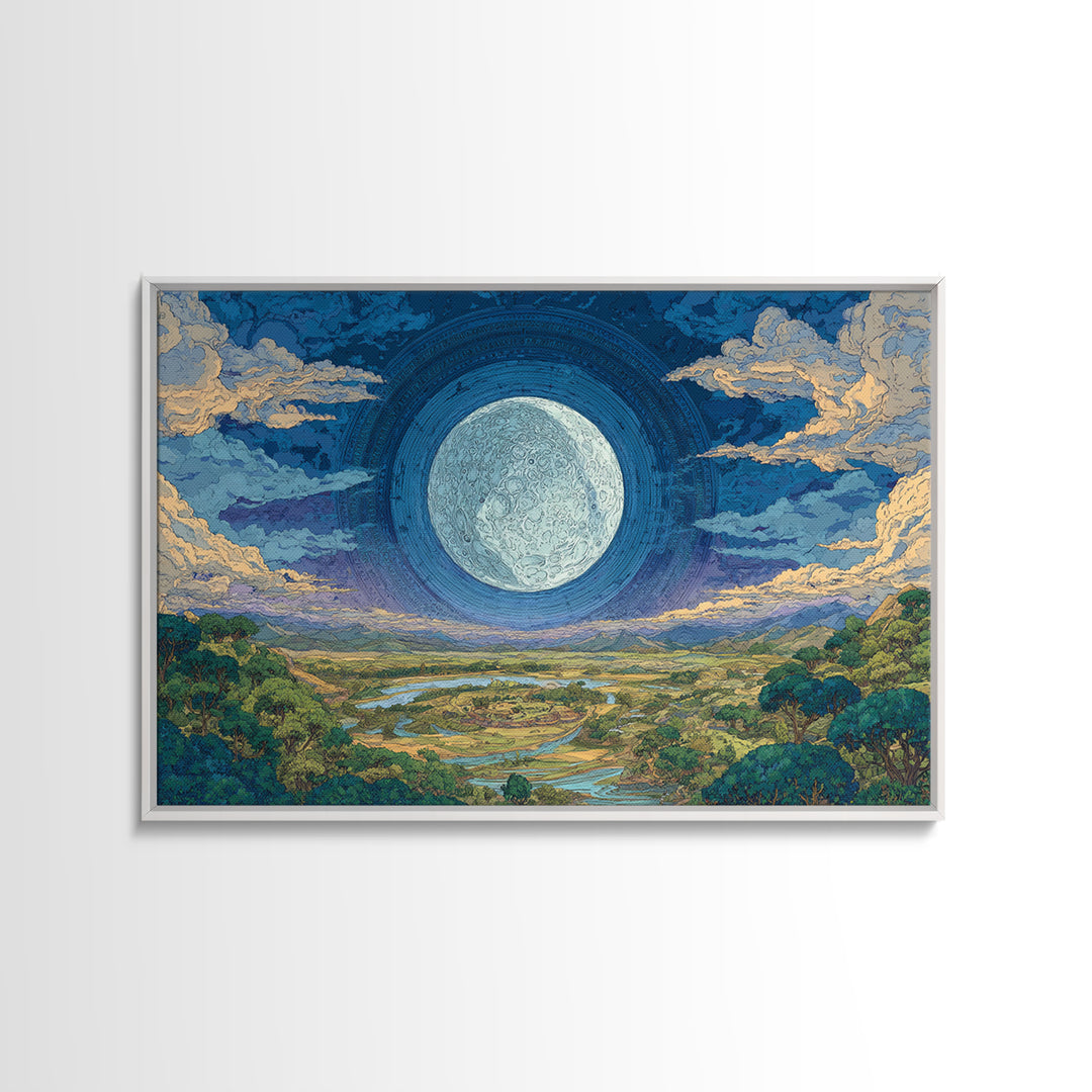 Giant Moon Over River Valley Canvas Print, Dreamy Wall Art, Nature Scene Art, Blue And Green Decor, Landscape Wall Decor