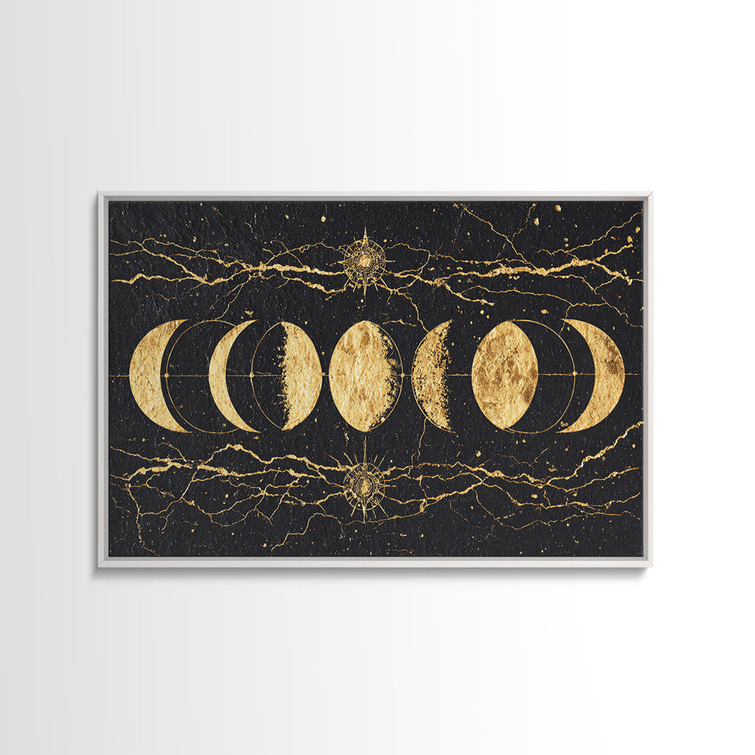 Gold Moon Phase Celestial Wall Art, Black Marble Lunar Decor, Mystical Astronomy Print, Boho Spiritual Home Decor Gift For Her