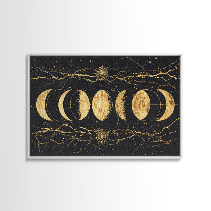 Gold Moon Phase Celestial Wall Art, Black Marble Lunar Decor, Mystical Astronomy Print, Boho Spiritual Home Decor Gift For Her
