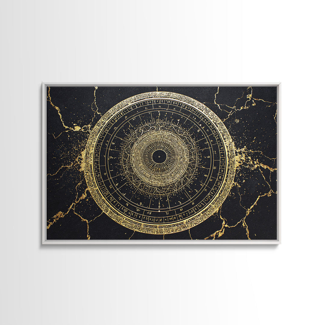Gold Zodiac Wheel Framed Canvas Print, Astrological Chart Wall Decor, Celestial Astronomy Art, Mystical Home Decor Gift Idea
