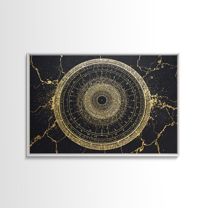 Gold Zodiac Wheel Framed Canvas Print, Astrological Chart Wall Decor, Celestial Astronomy Art, Mystical Home Decor Gift Idea