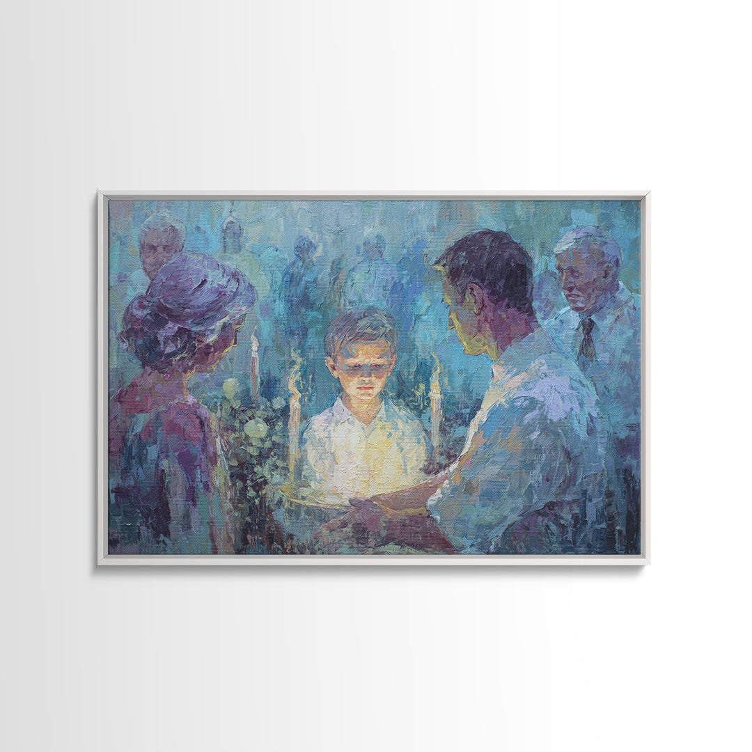 Candlelit Boy Ritual Wall Art, Blue Spiritual Family Ceremony Painting, Dreamy Portrait Canvas Decor, Meaningful Home Gift