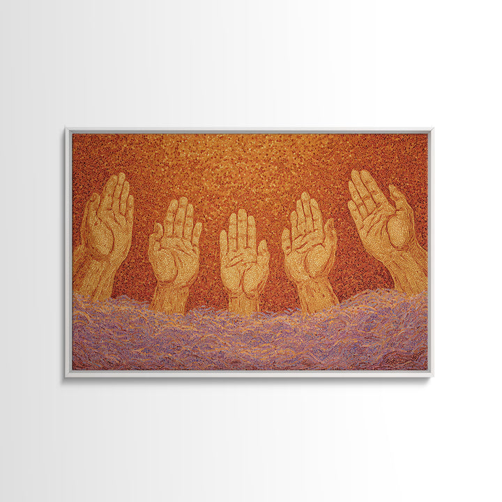 Golden Raised Hands Wall Art, Orange Mosaic Spiritual Painting, Empowerment Prayer Decor, Abstract Contemporary Home Gift