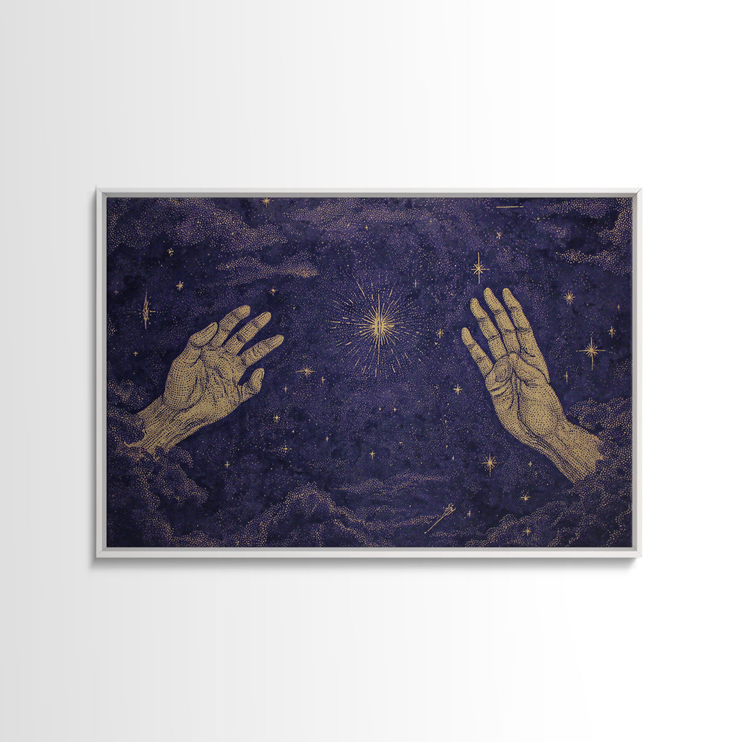 Celestial Reaching Hands Wall Art, Purple Starry Night Spiritual Decor, Mystical Astronomy Print, Dreamy Home Gift For Her