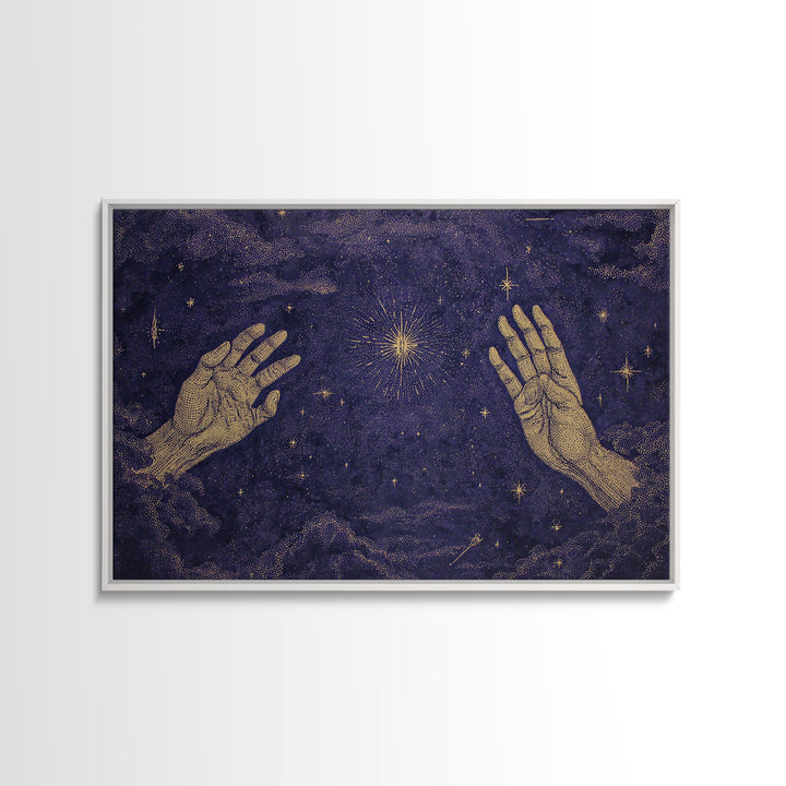 Celestial Reaching Hands Wall Art, Purple Starry Night Spiritual Decor, Mystical Astronomy Print, Dreamy Home Gift For Her