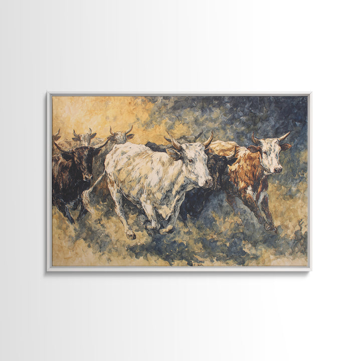 Galloping Longhorn Cattle Canvas Print, African Safari Wall Decor, Rustic Animal Painting, Earth Tone Statement Artwork Gift