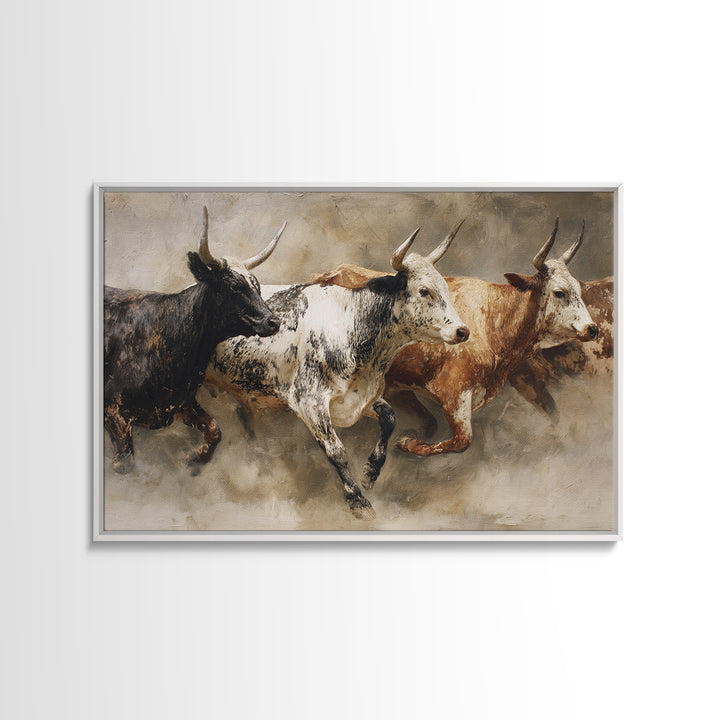 Three Longhorn Bulls In Motion Framed Canvas Print, African Safari Decor, Rustic Western Animal Wall Art For Living Room