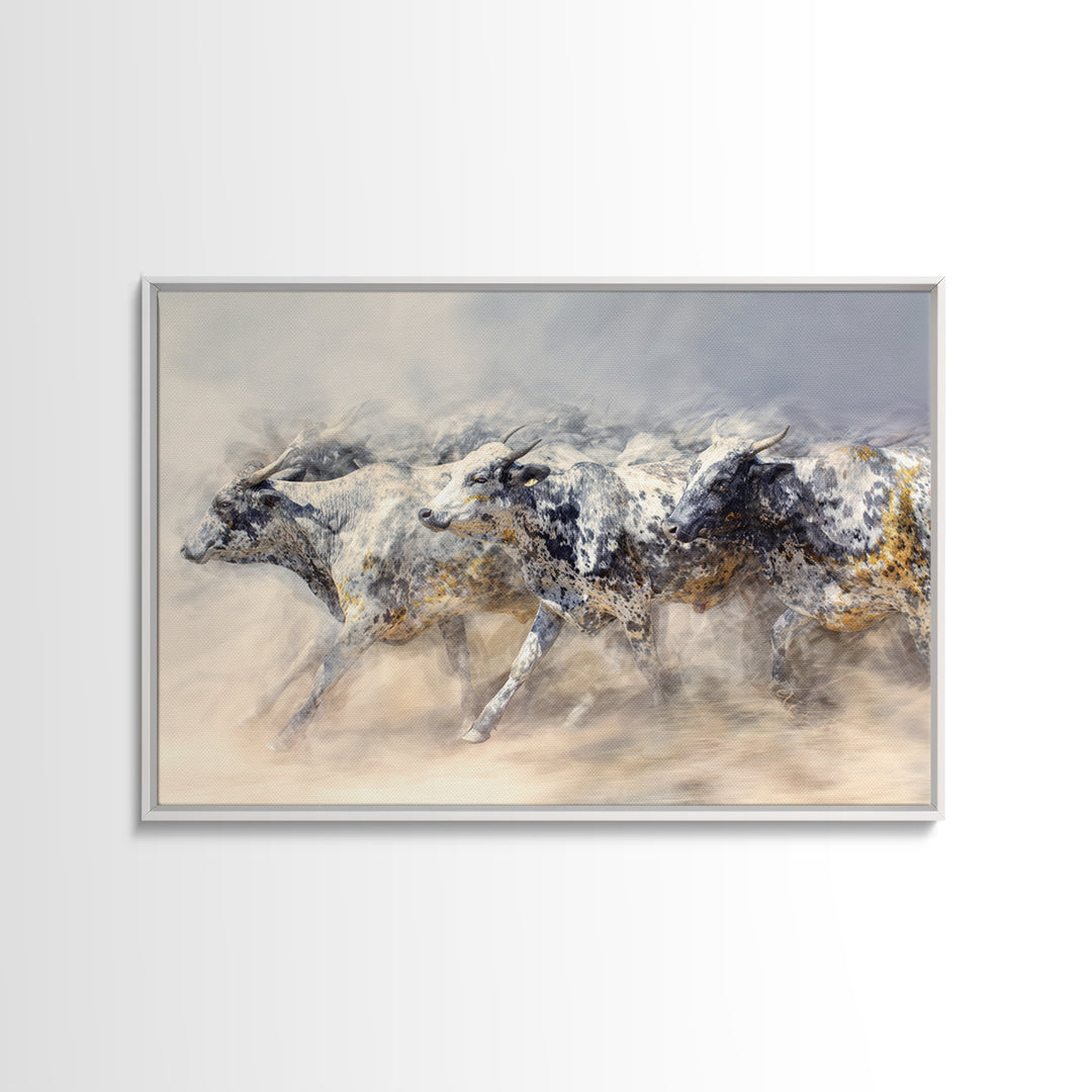 Dusty Spotted Bulls Racing Across Plain Canvas Print, African Safari Animal Art, Neutral Earth Tone Wall Decor Gift For Home