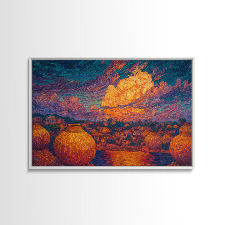 African Village Sunset With Clay Pots Wall Art, Colorful Landscape Print, Afrocentric Home Decor, Motherland Culture Art