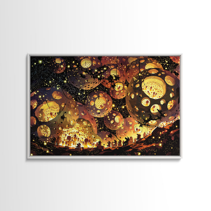 Glowing African Lantern Festival Canvas Print, Magical Night Wall Decor, Boho Afrocentric Art, Warm Golden Home Decor Gift