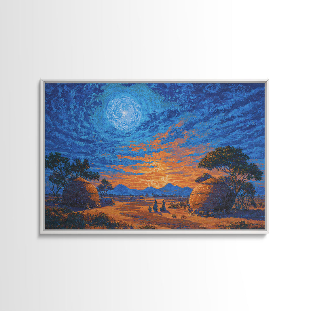 Moonlit African Village Landscape Wall Art, Blue Sunset Safari Decor, Motherland Hut Print, Serene Nature Scene Art Gift For Home