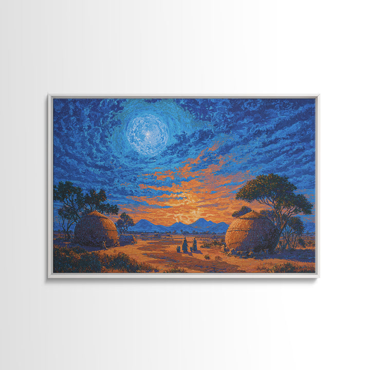 Moonlit African Village Landscape Wall Art, Blue Sunset Safari Decor, Motherland Hut Print, Serene Nature Scene Art Gift For Home
