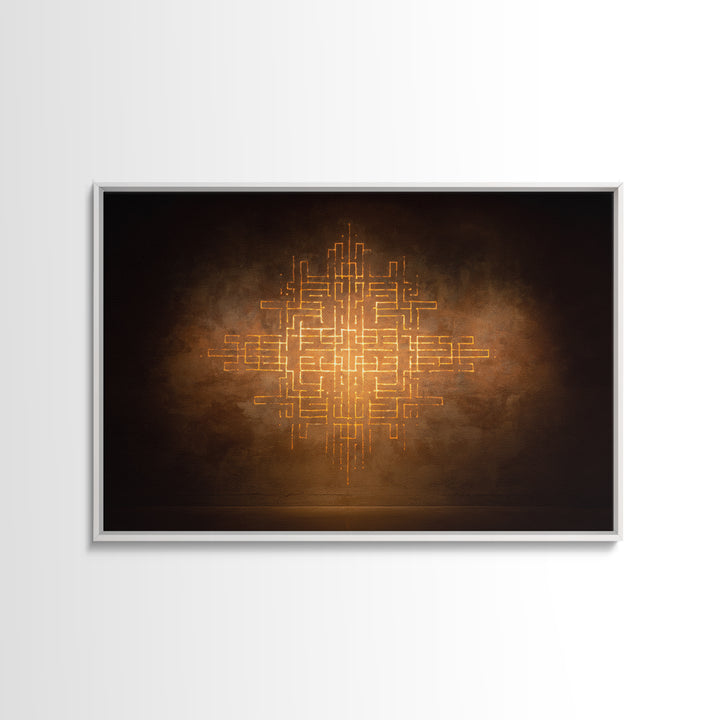 Glowing Gold Geometric Totem Canvas Print, African Abstract Wall Decor, Spiritual Symbol Art, Warm Brown Luxury Home Decor