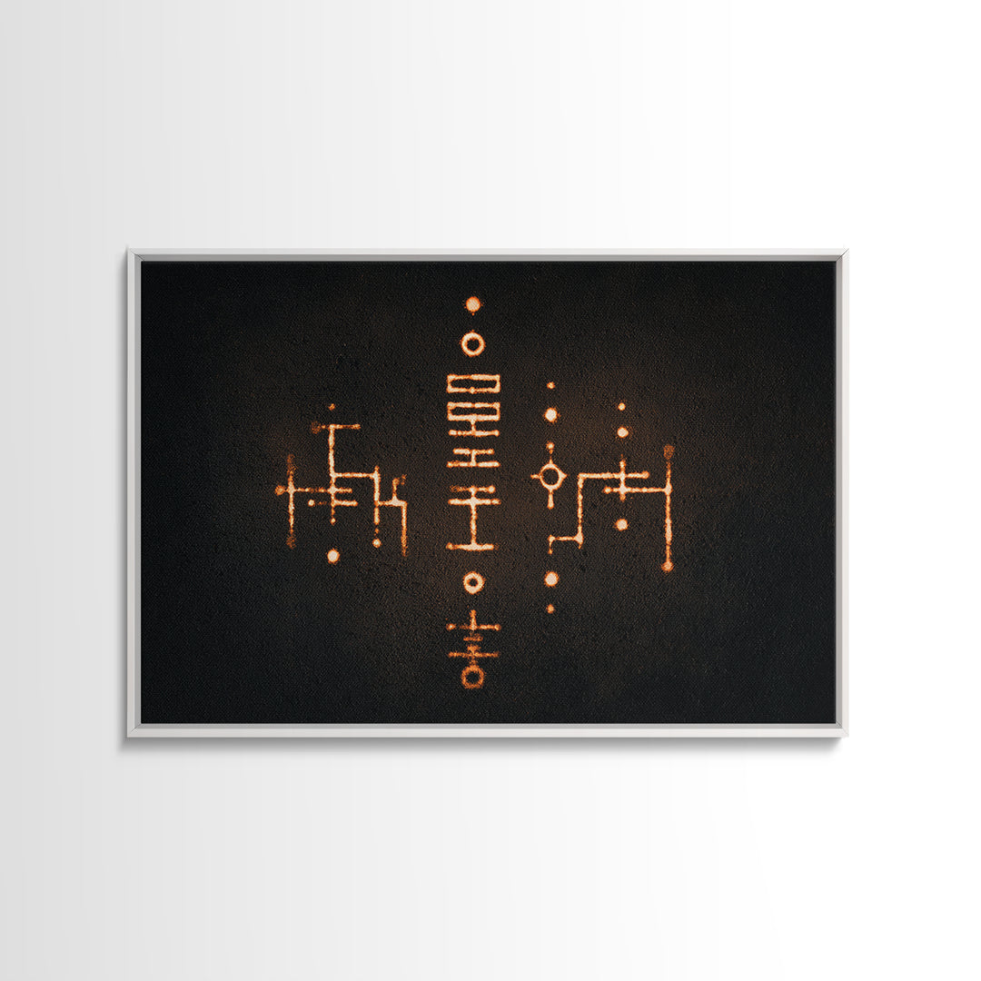 Glowing Orange Tribal Markings Canvas Print, African Symbol Wall Decor, Minimalist Black Abstract Art, Spiritual Home Decor
