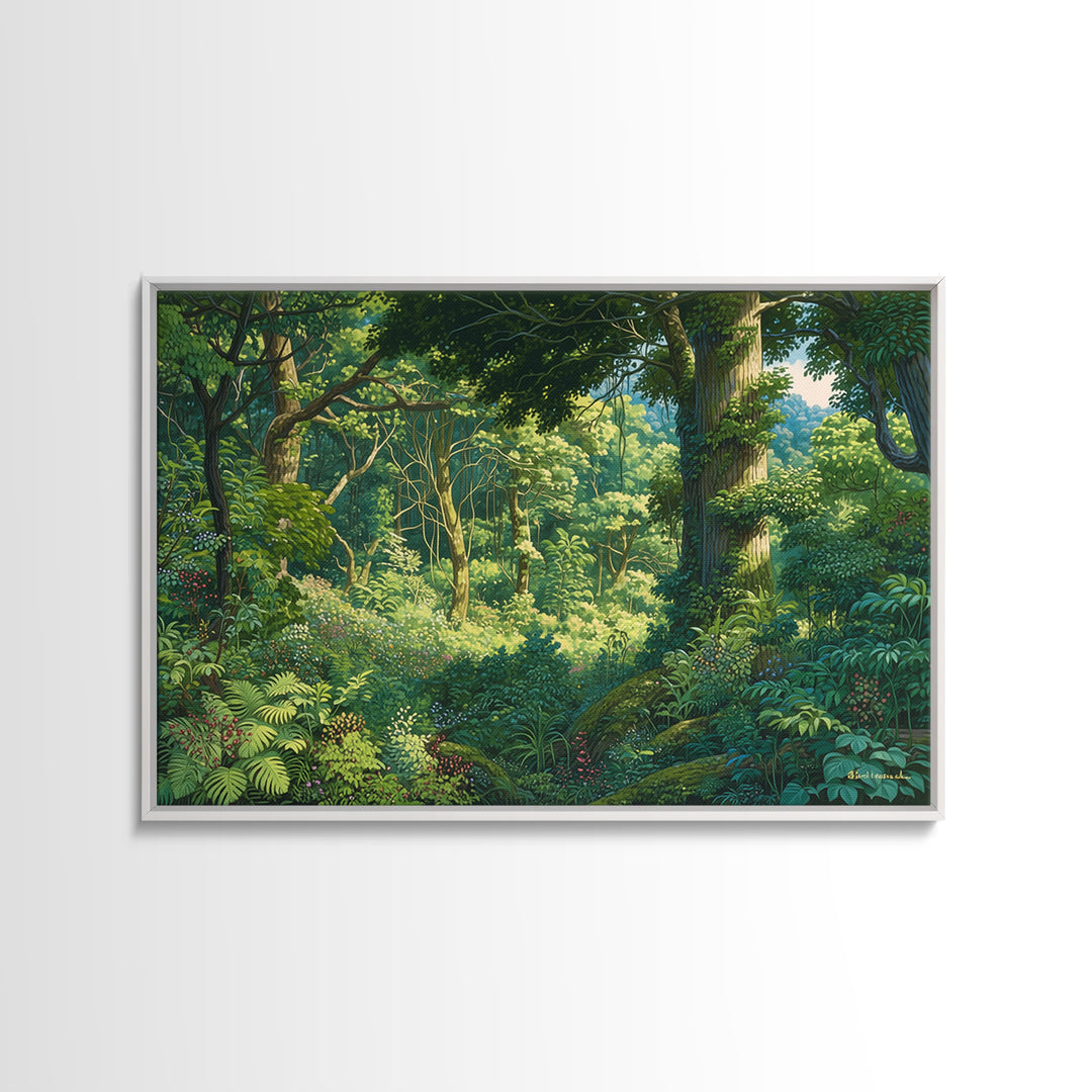 Sunlit Lush African Jungle Wall Art, Green Forest Landscape Canvas, Nature Scene Decor, Boho Living Room Statement Gift, Home Decor
