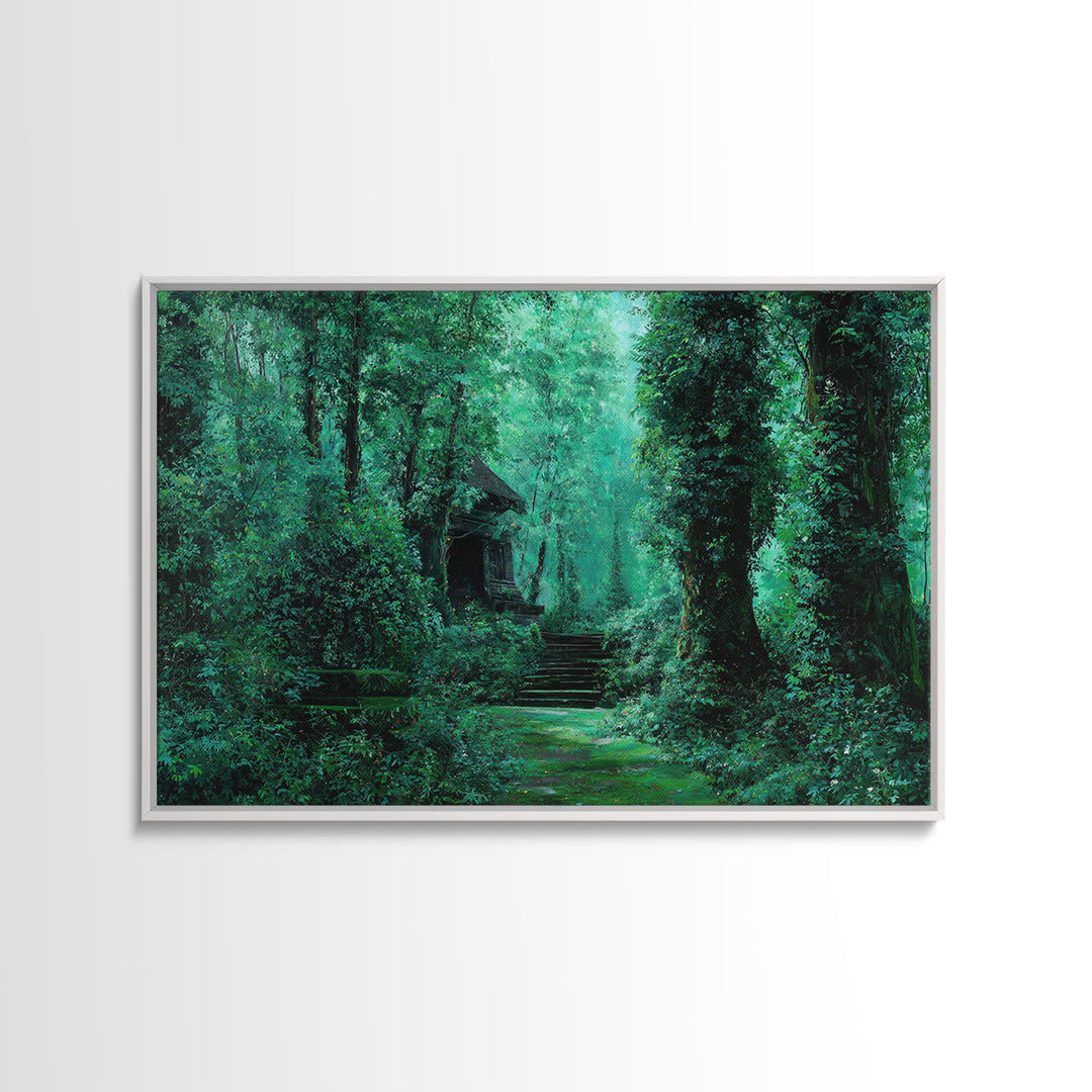 Emerald Forest Ruins And Stone Steps Canvas Print, African Landscape Wall Decor, Mystical Jungle Art, Dreamy Green Home Decor