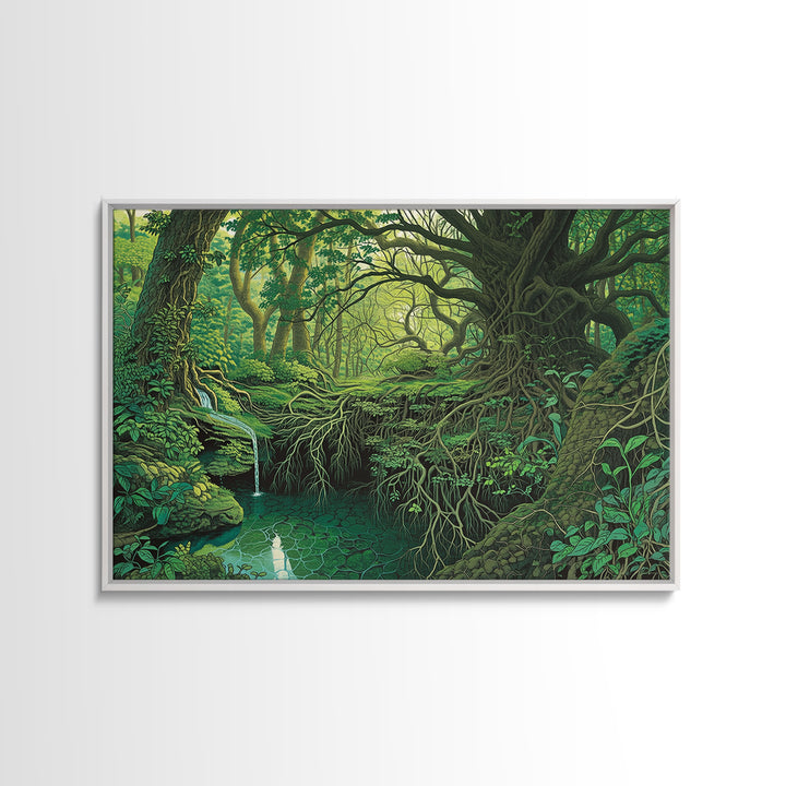 Ancient Emerald Forest Creek And Twisted Roots Wall Art, Green Nature Landscape Canvas, Mystical Jungle Home Decor For Living Room