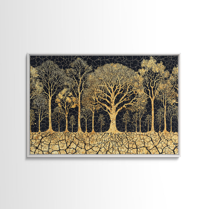 Golden Baobab Tree Grove On Black Cracked Earth Canvas Print, African Tree Inspired Abstract Wall Decor, Luxury Home Art