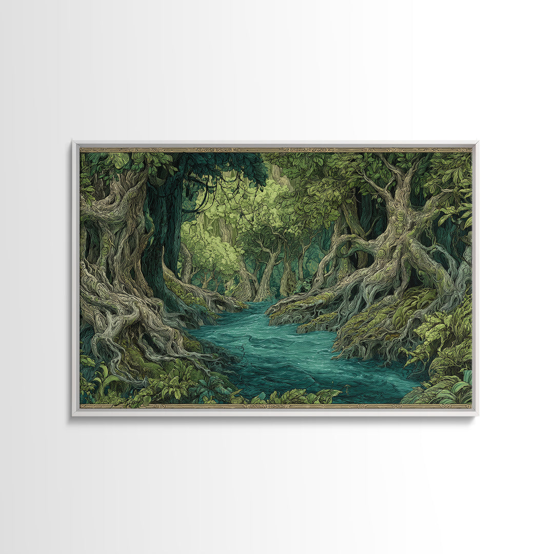 Enchanted River Forest With Ancient Roots Framed Canvas Print, Green Jungle Landscape Wall Decor, Mystical Nature Artwork