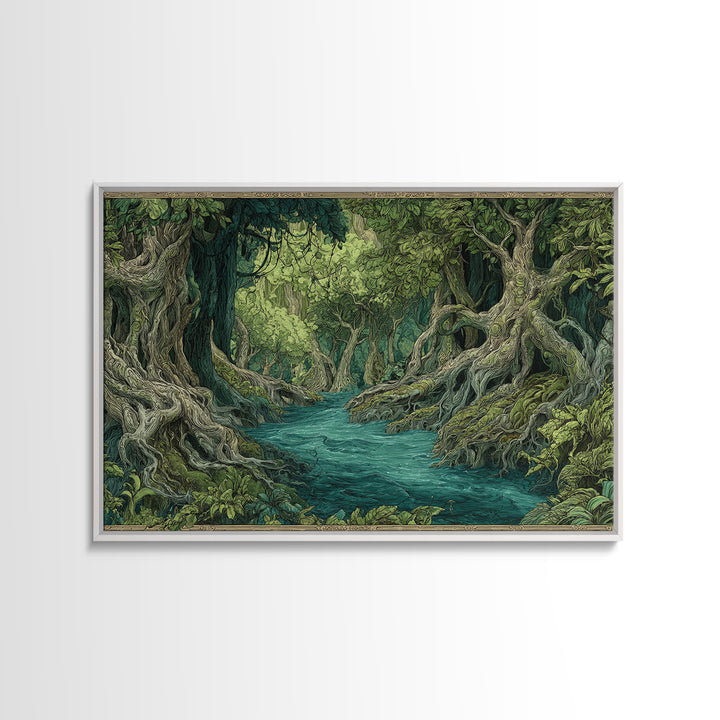 Enchanted River Forest With Ancient Roots Framed Canvas Print, Green Jungle Landscape Wall Decor, Mystical Nature Artwork