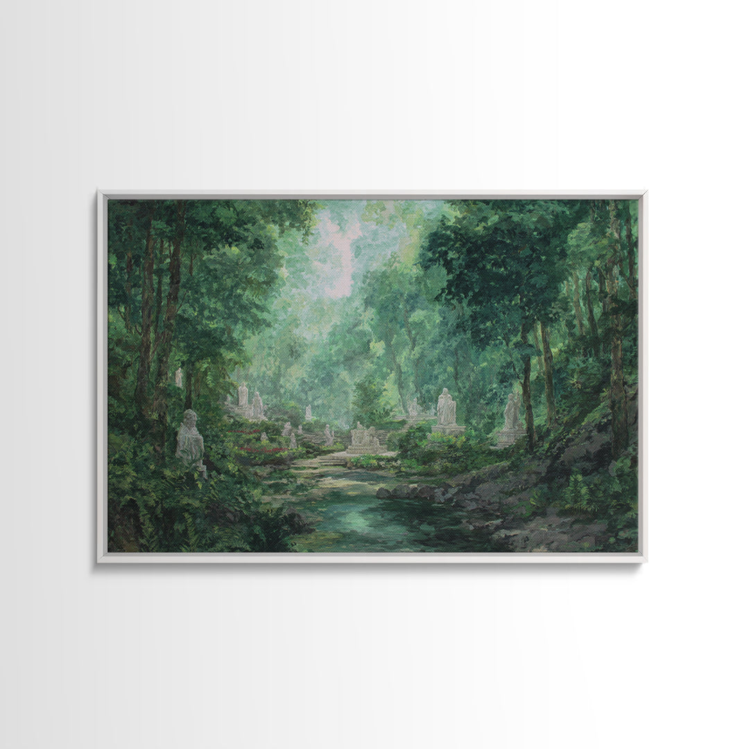 Misty Forest Ruins With Statues And Stream Wall Art, Green Nature Landscape Painting, Dreamy Garden Decor For Living Room