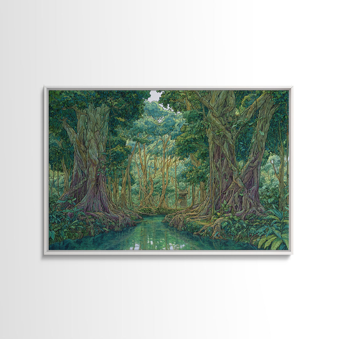 Lush Jungle River Between Towering Trees Canvas Print, Green Nature Landscape Wall Decor, Boho Tropical Living Room Art Print