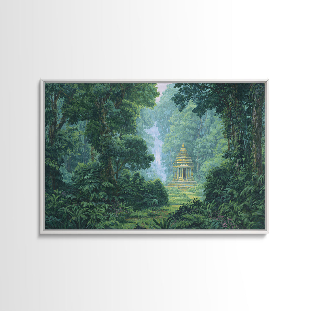 Hidden Golden Temple In Misty Jungle Framed Canvas Print, Green Nature Landscape Wall Decor, Spiritual Tropical Home Art