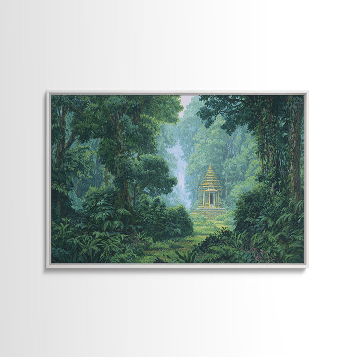 Hidden Golden Temple In Misty Jungle Framed Canvas Print, Green Nature Landscape Wall Decor, Spiritual Tropical Home Art