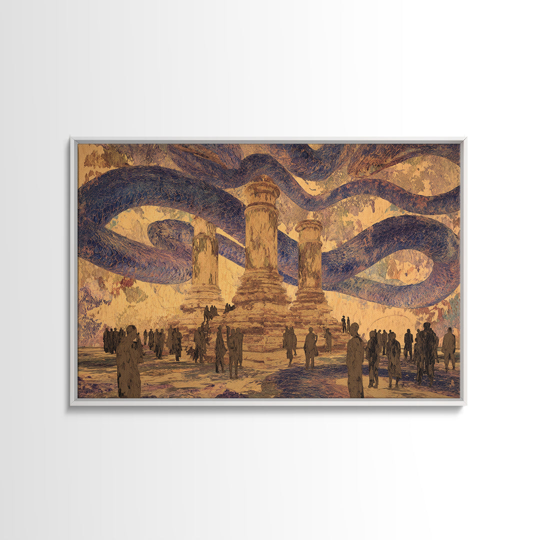 Ancient Columns Beneath Giant Serpent Canopy Wall Art, Surreal African Inspired Fantasy Landscape, Statement Home Decor Art