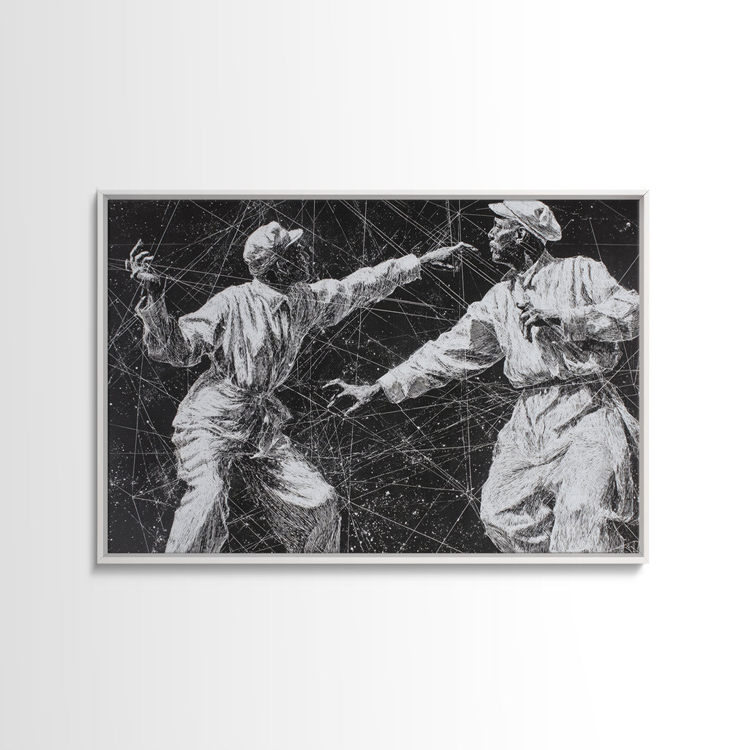 Black And White African Dancers Under Star Lines Wall Art, Afrocentric Art Print, Black Culture Decor, Modern Tribal Artwork