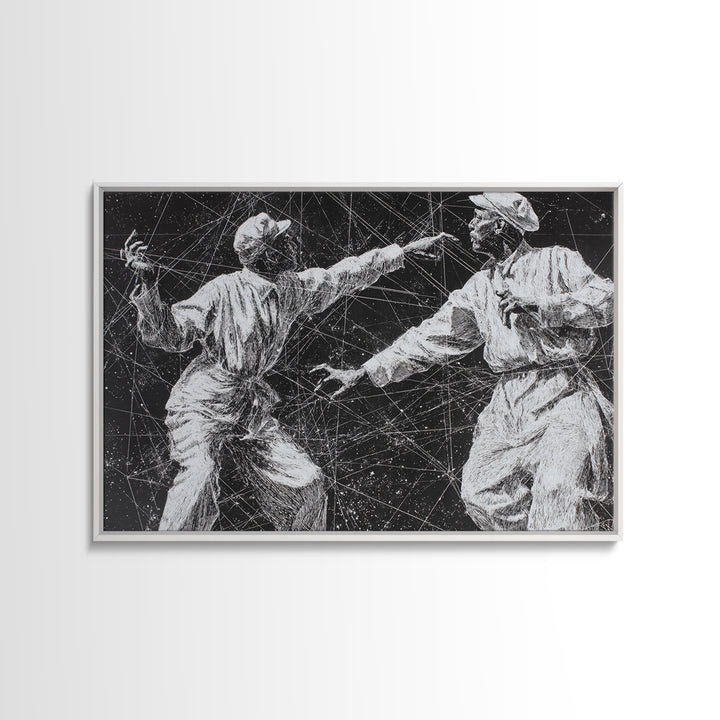 Black And White African Dancers Under Star Lines Wall Art, Afrocentric Art Print, Black Culture Decor, Modern Tribal Artwork