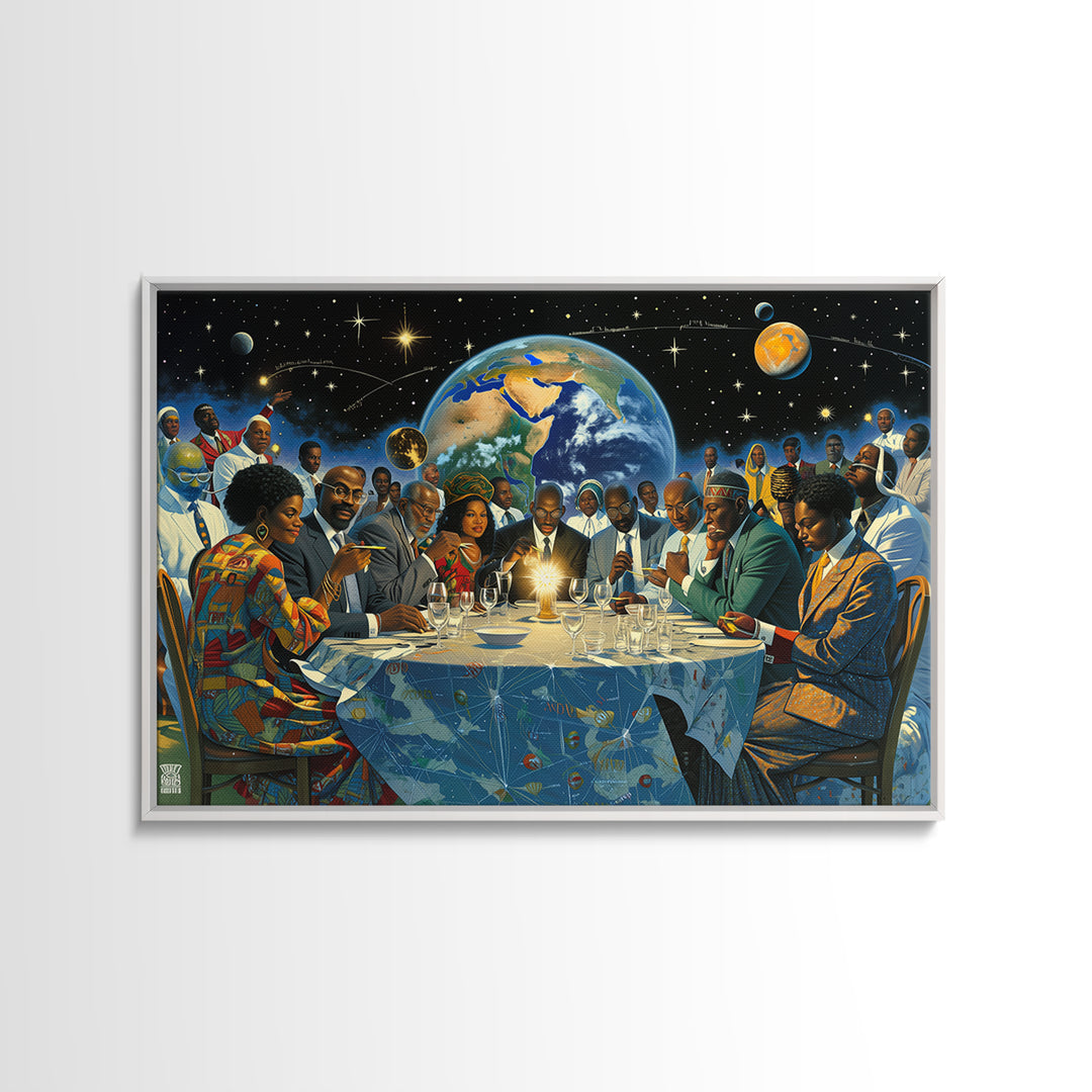 Afrofuturist African Leaders Around Earth Framed Canvas Print, Black Excellence Wall Art, Diaspora Culture Home Decor Gift