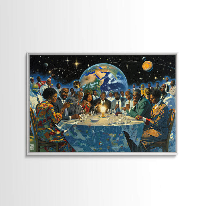 Afrofuturist African Leaders Around Earth Framed Canvas Print, Black Excellence Wall Art, Diaspora Culture Home Decor Gift